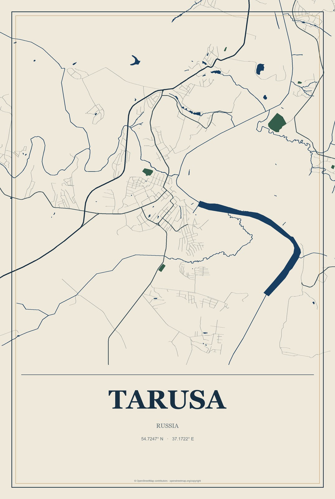 Tarusa, Russia City Map Aluminum Sign in Coastal Cutout style