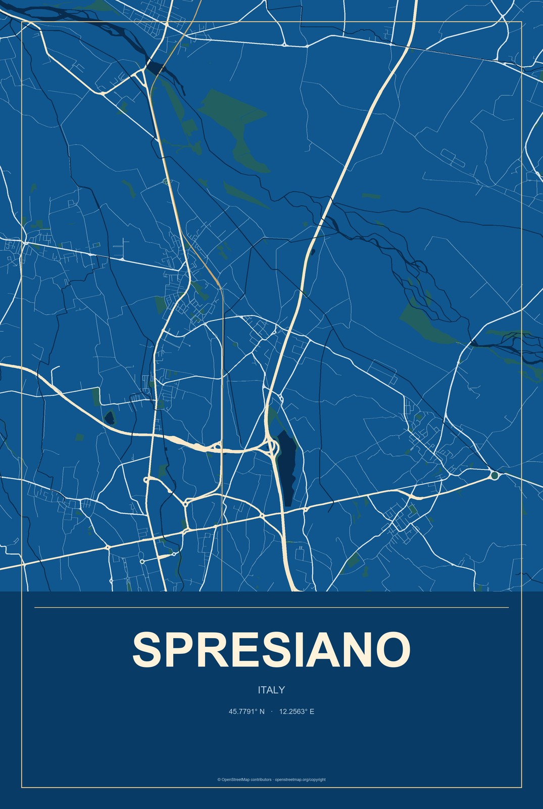 Spresiano, Italy City Map Aluminum Sign in Harbor Cobalt style