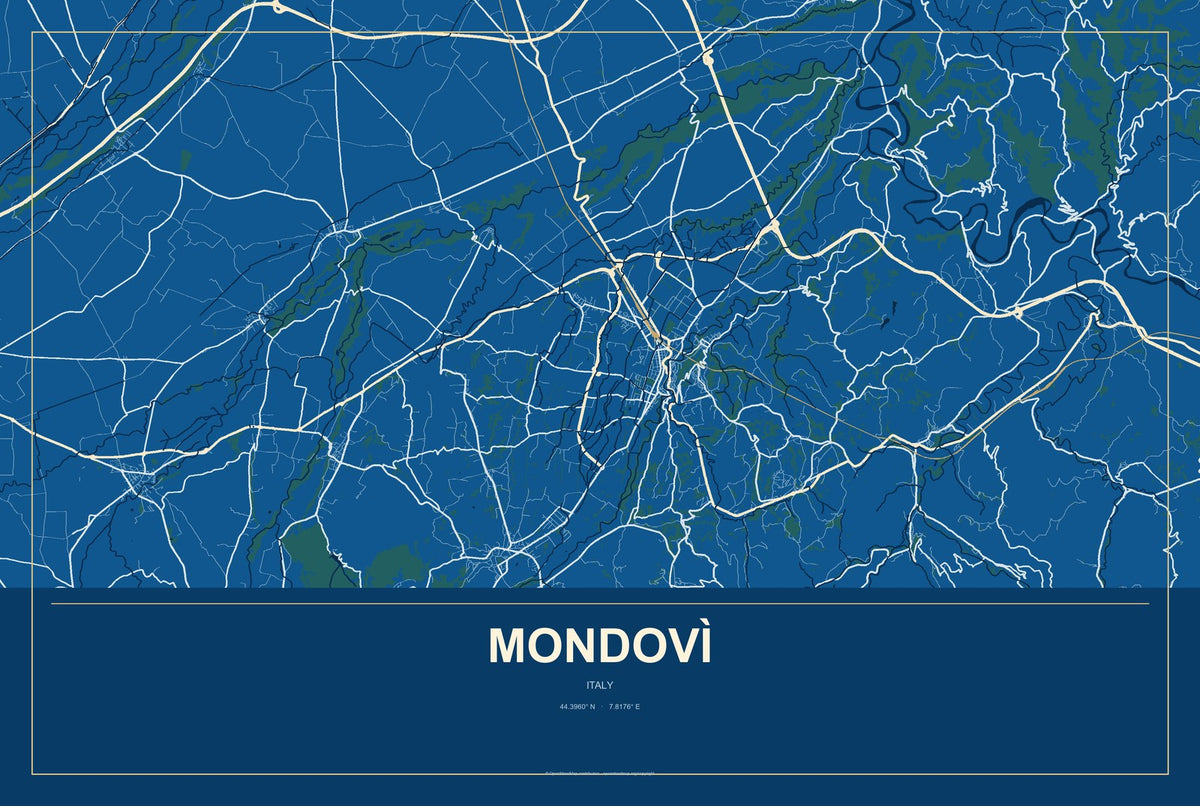 Mondovì, Italy City Map Aluminum Sign in Harbor Cobalt style
