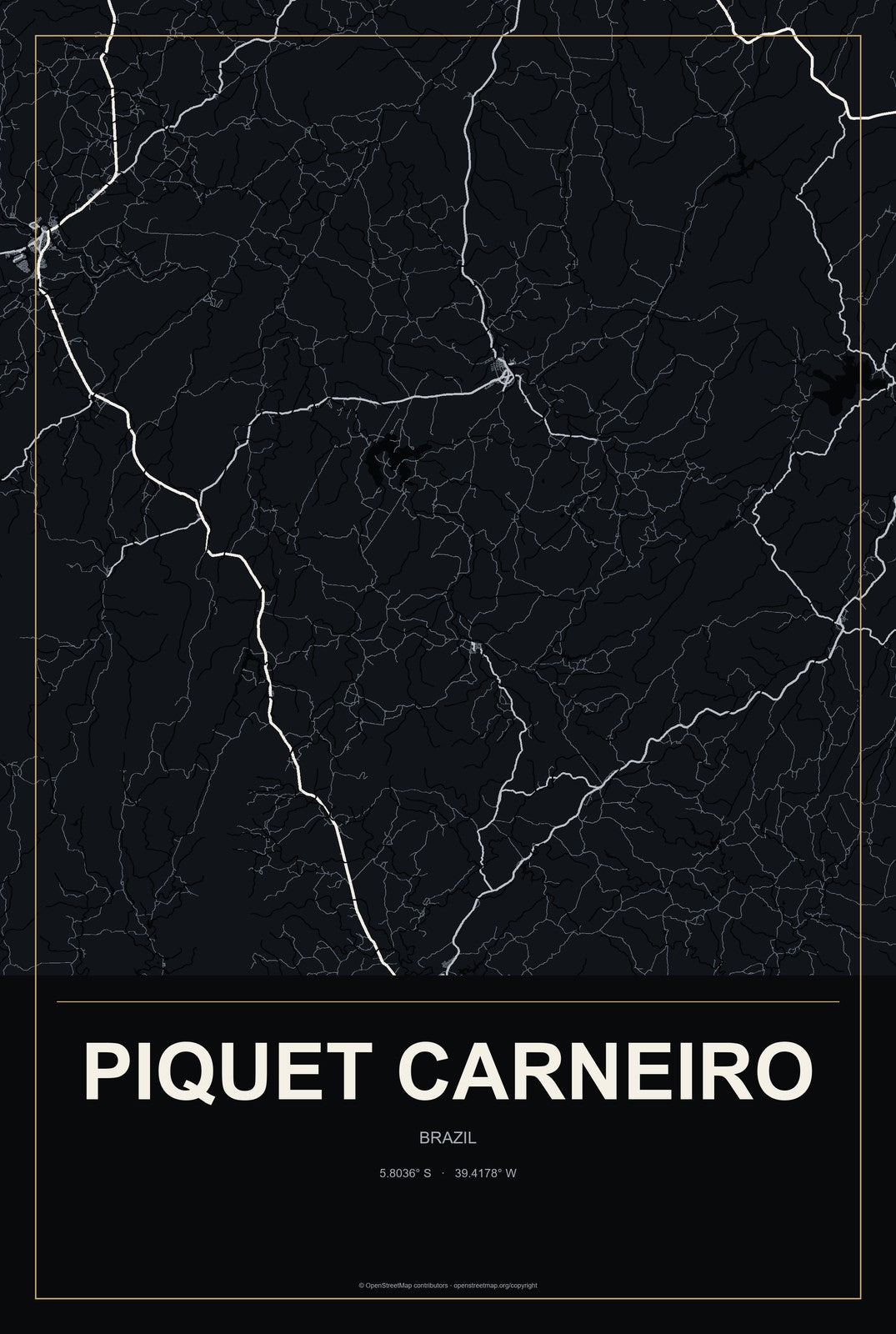 Piquet Carneiro, Brazil City Map Aluminum Sign in Metropolitan Noir style
