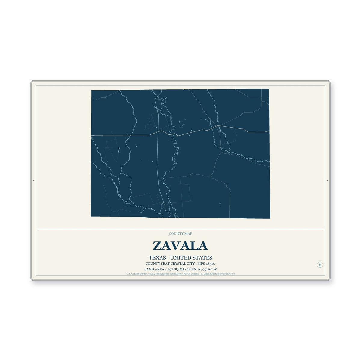 Zavala County, Texas Map Aluminum Sign in Coastal Cutout style