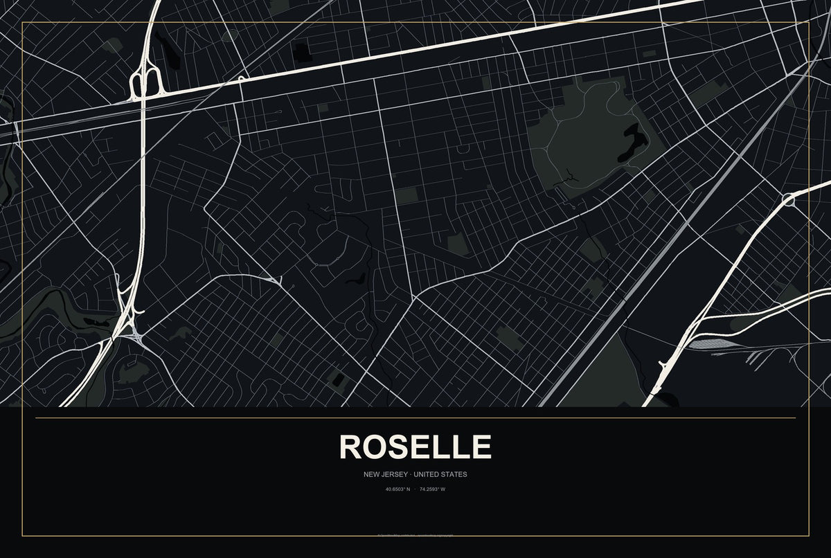 Roselle, New Jersey City Map Aluminum Sign in Metropolitan Noir style