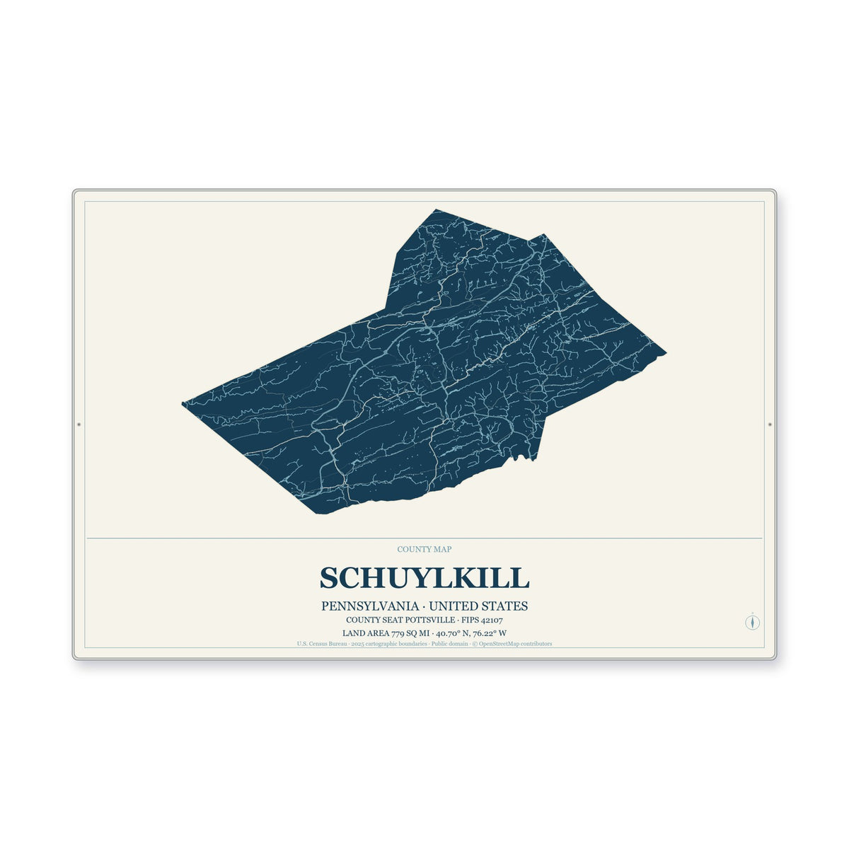 Schuylkill County, Pennsylvania Map Aluminum Sign in Coastal Cutout style