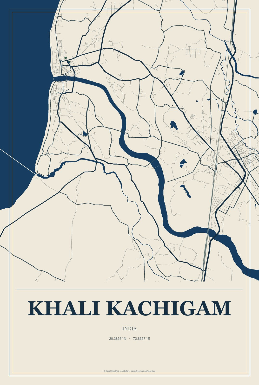 Khali Kachigam, India City Map Aluminum Sign in Coastal Cutout style