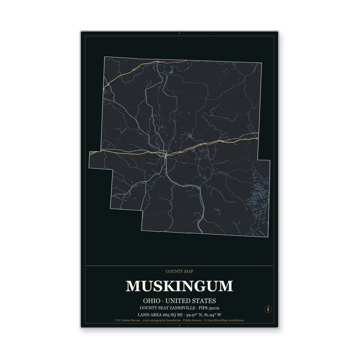 Muskingum County, Ohio Map Aluminum Sign in Metropolitan Noir style