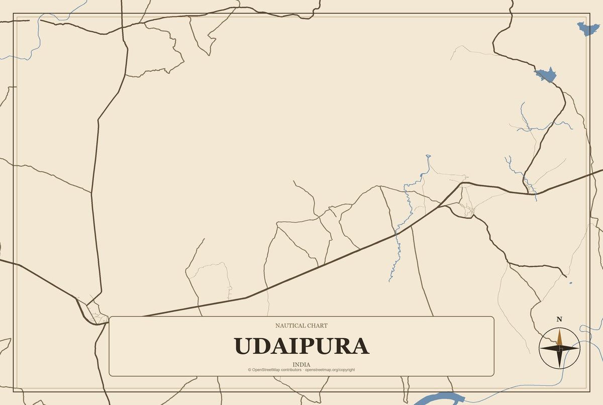 Udaipura, India City Map Aluminum Sign in Heritage Nautical style