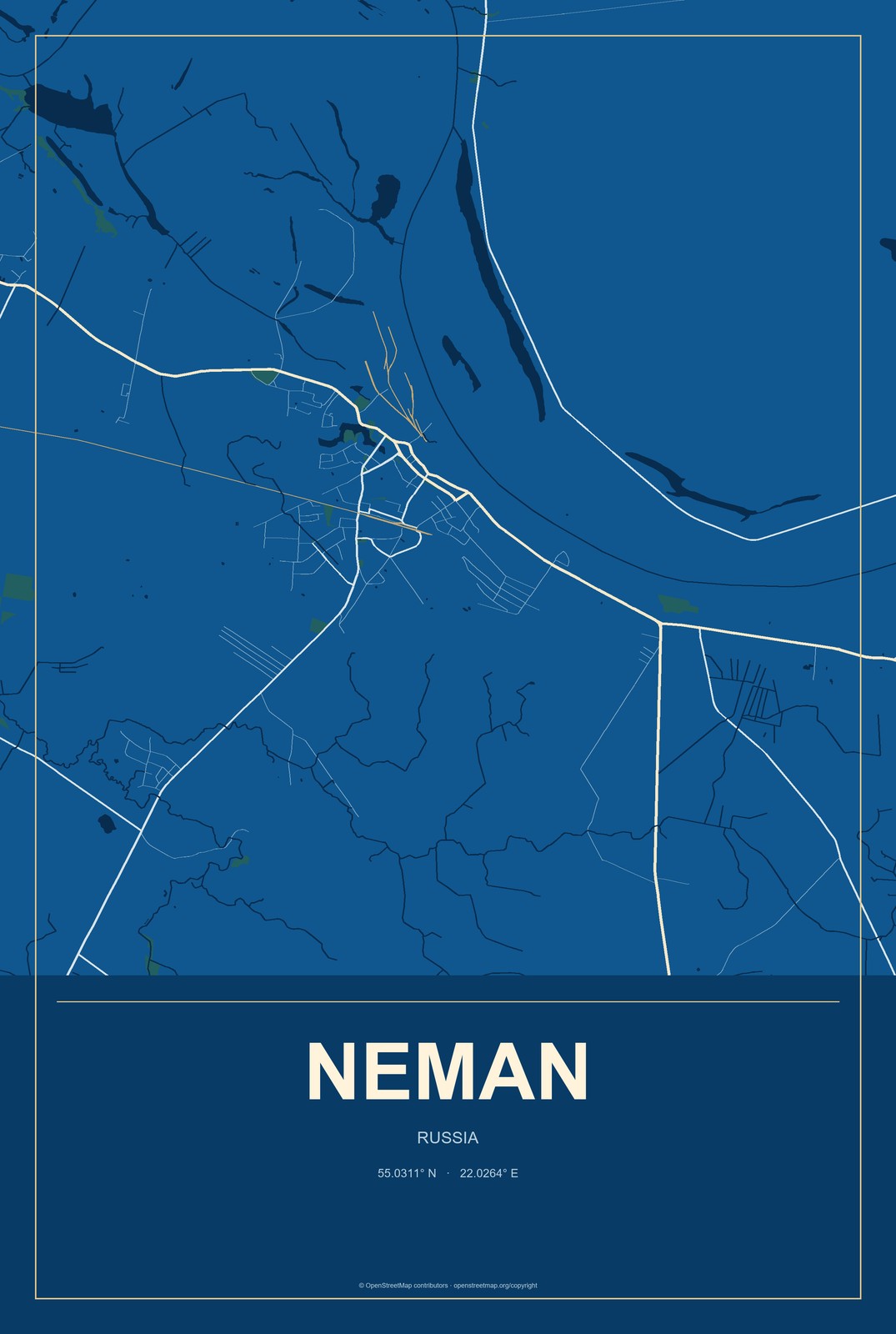 Neman, Russia City Map Aluminum Sign in Harbor Cobalt style