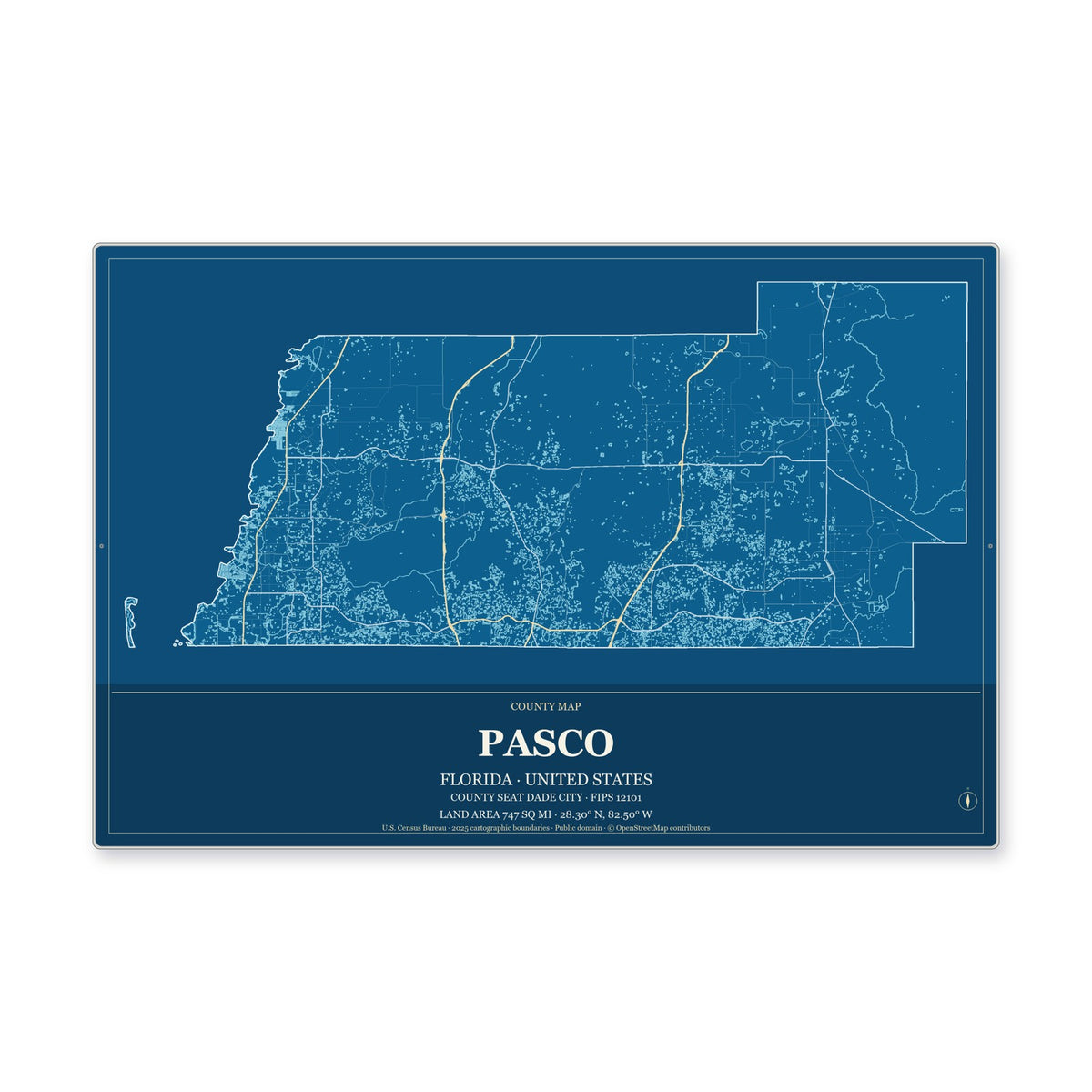 Pasco County, Florida Map Aluminum Sign in Harbor Cobalt style