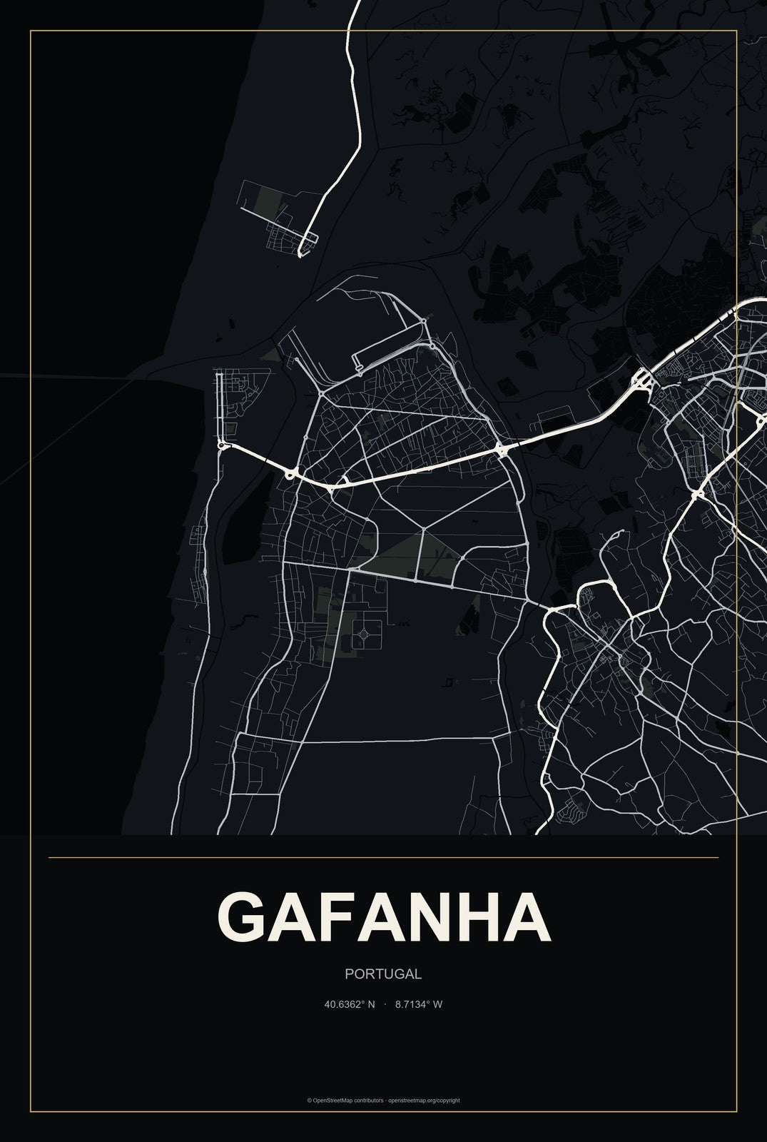 Gafanha, Portugal City Map Aluminum Sign in Metropolitan Noir style