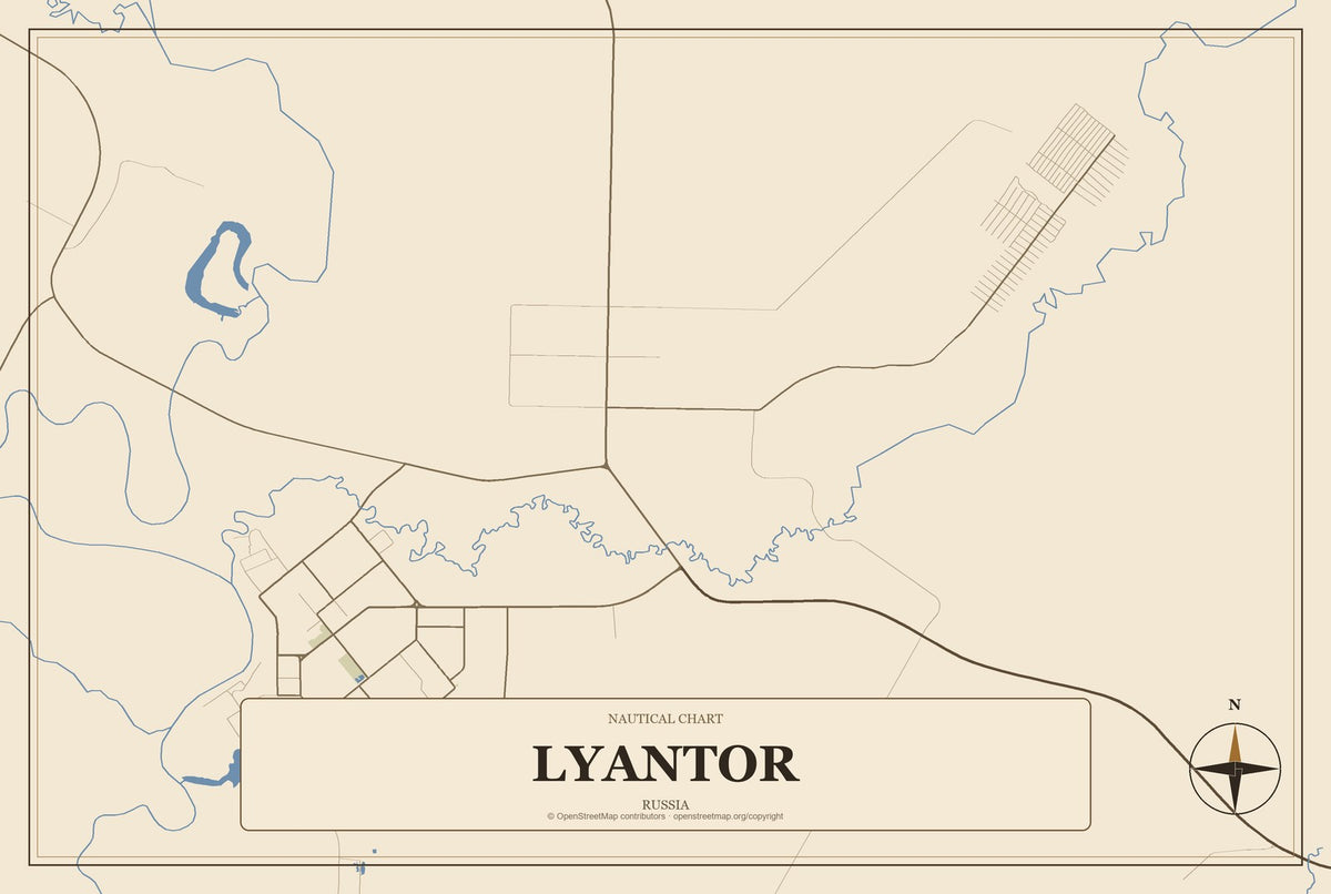 Lyantor, Russia City Map Aluminum Sign in Heritage Nautical style