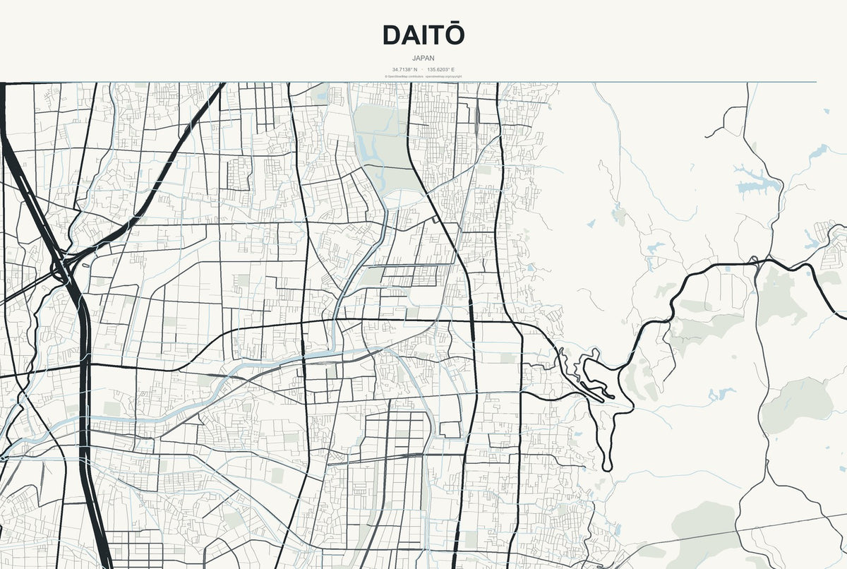 Daitō, Japan City Map Aluminum Sign in Headline Atlas style