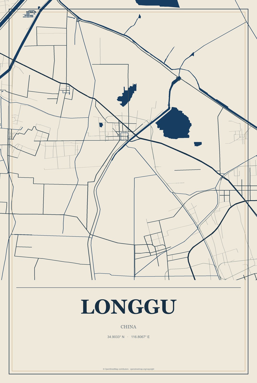 Longgu, China City Map Aluminum Sign in Coastal Cutout style