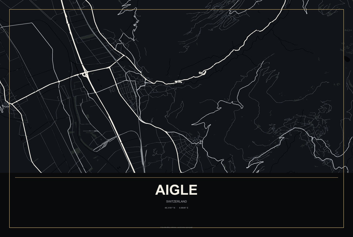 Aigle, Switzerland City Map Aluminum Sign in Metropolitan Noir style