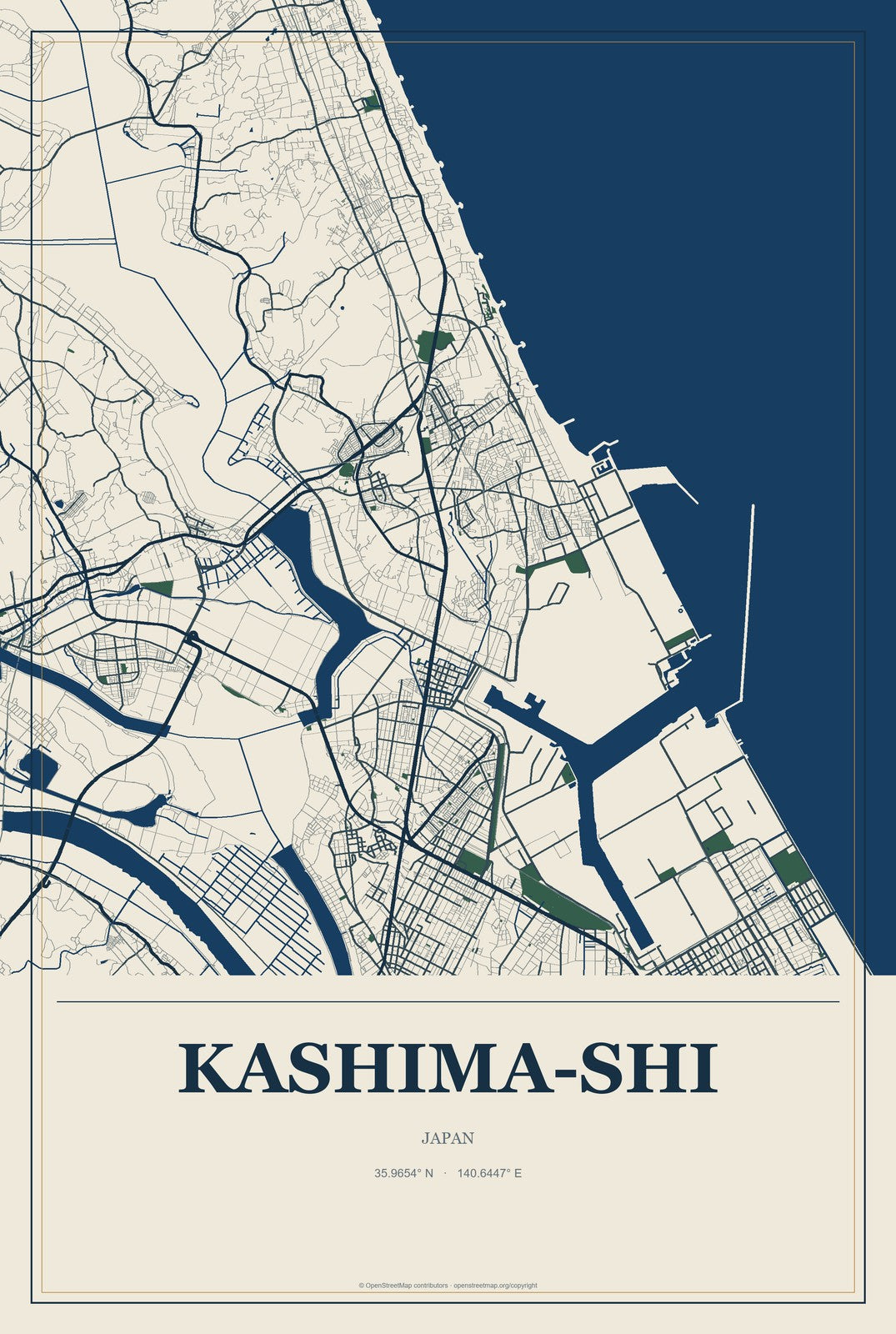 Kashima-shi, Japan City Map Aluminum Sign in Coastal Cutout style