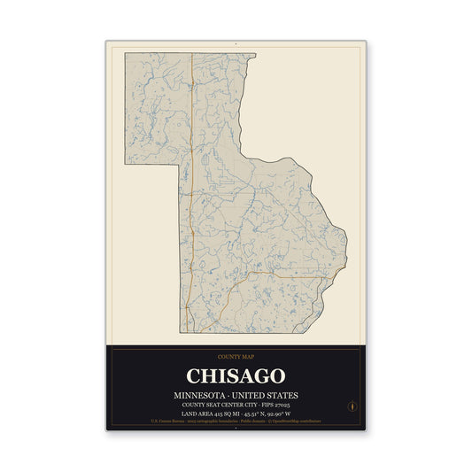 Chisago County, Minnesota Map Aluminum Sign in Museum Plaque style