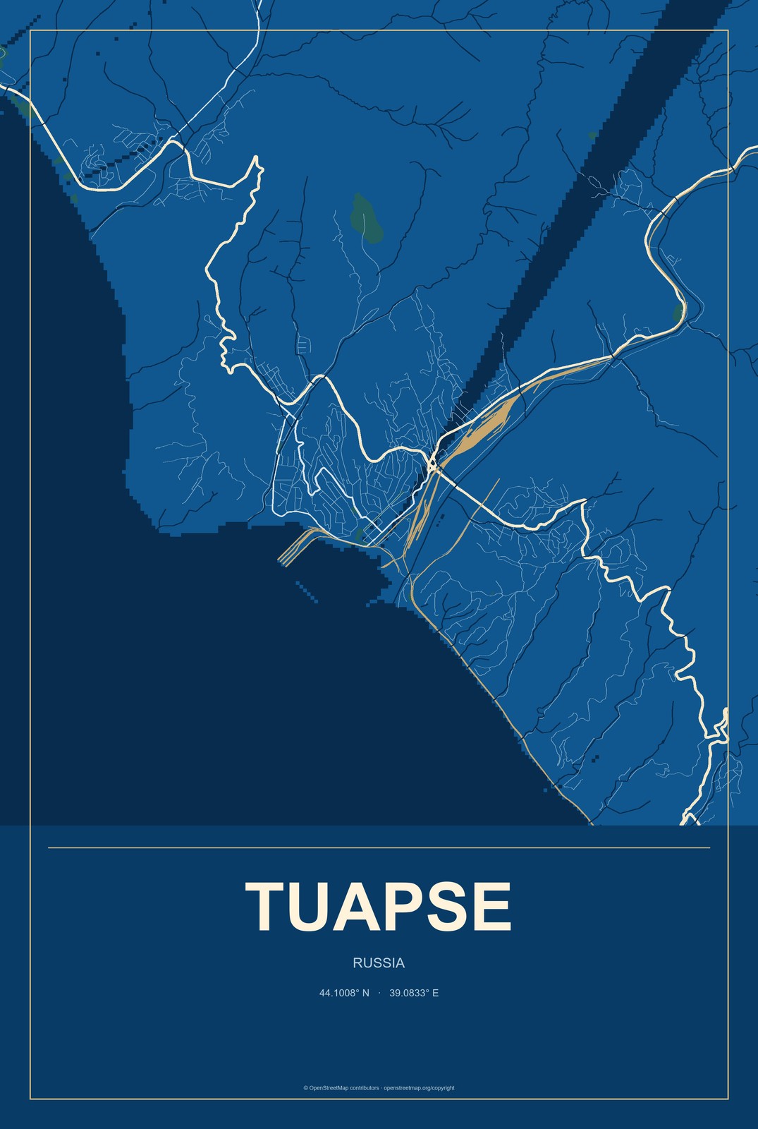 Tuapse, Russia City Map Aluminum Sign in Harbor Cobalt style