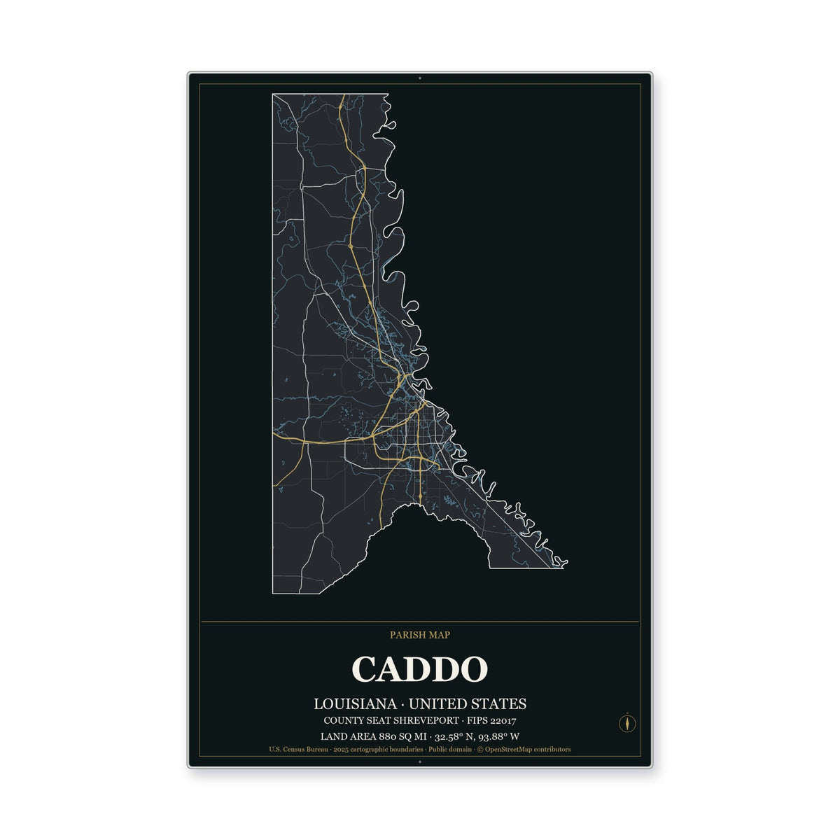 Caddo Parish, Louisiana Map Aluminum Sign in Metropolitan Noir style