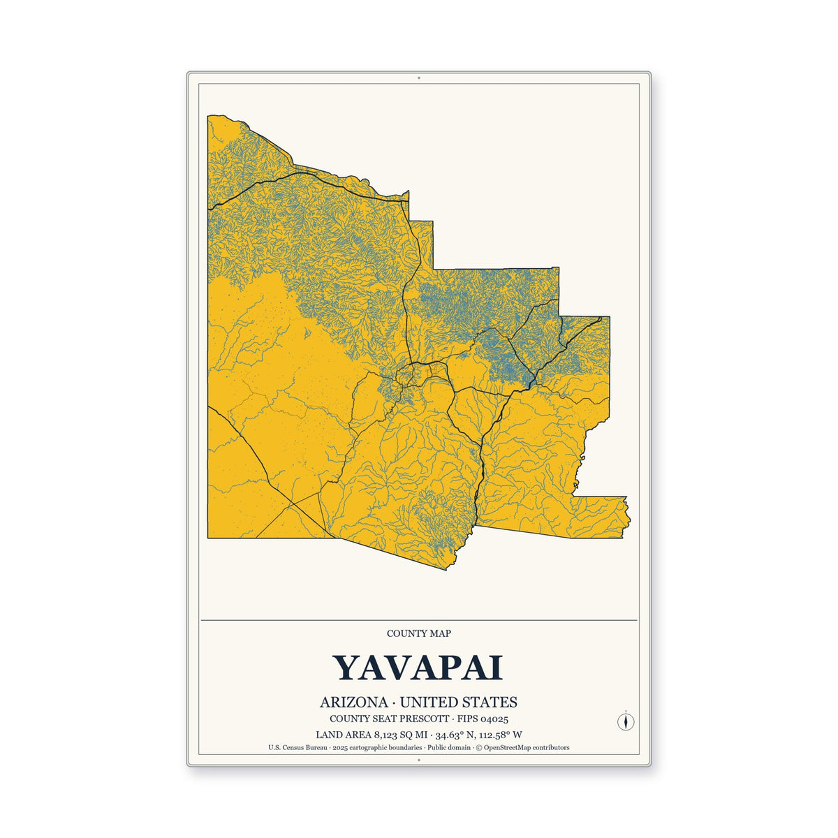 Yavapai County, Arizona Map Aluminum Sign in Citrine Modern style