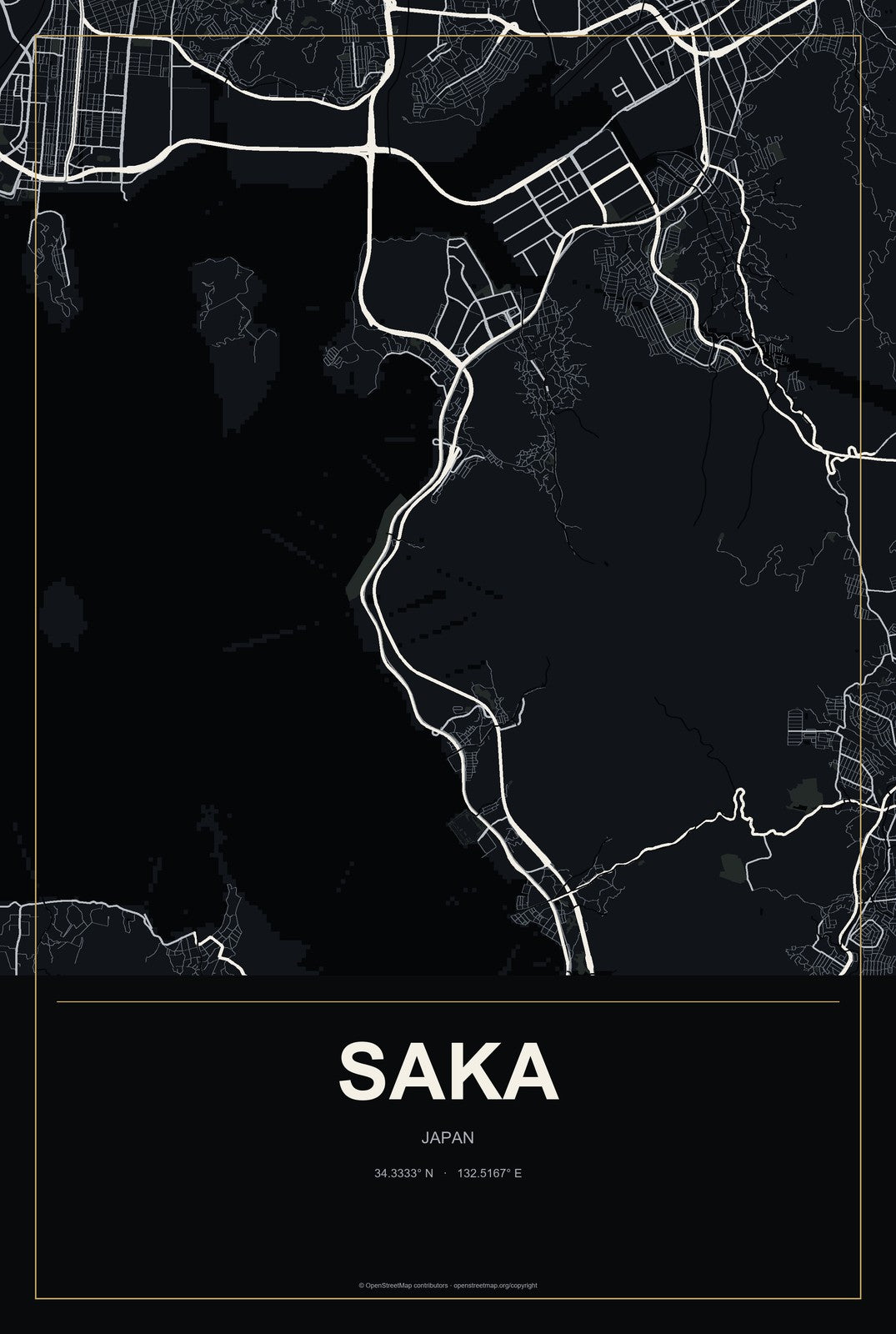 Saka, Japan City Map Aluminum Sign in Metropolitan Noir style