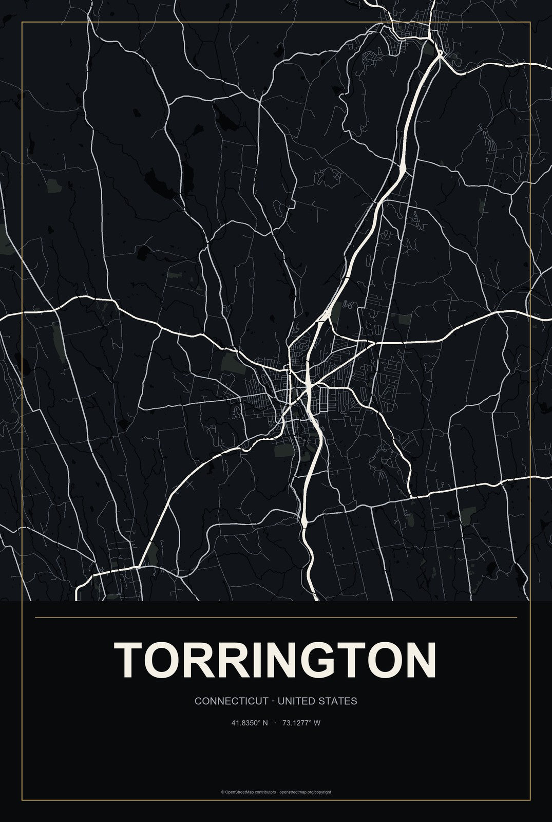 Torrington, Connecticut City Map Aluminum Sign in Metropolitan Noir style