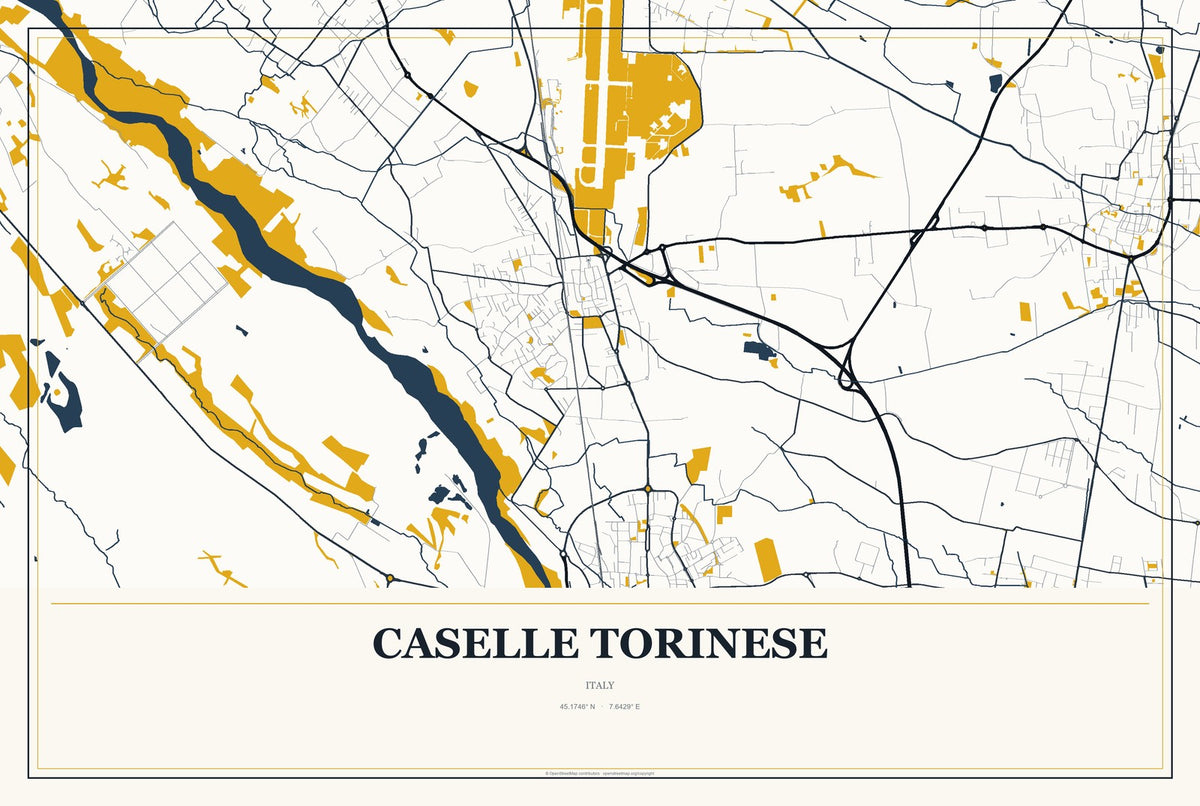 Caselle Torinese, Italy City Map Aluminum Sign in Citrine Modern style