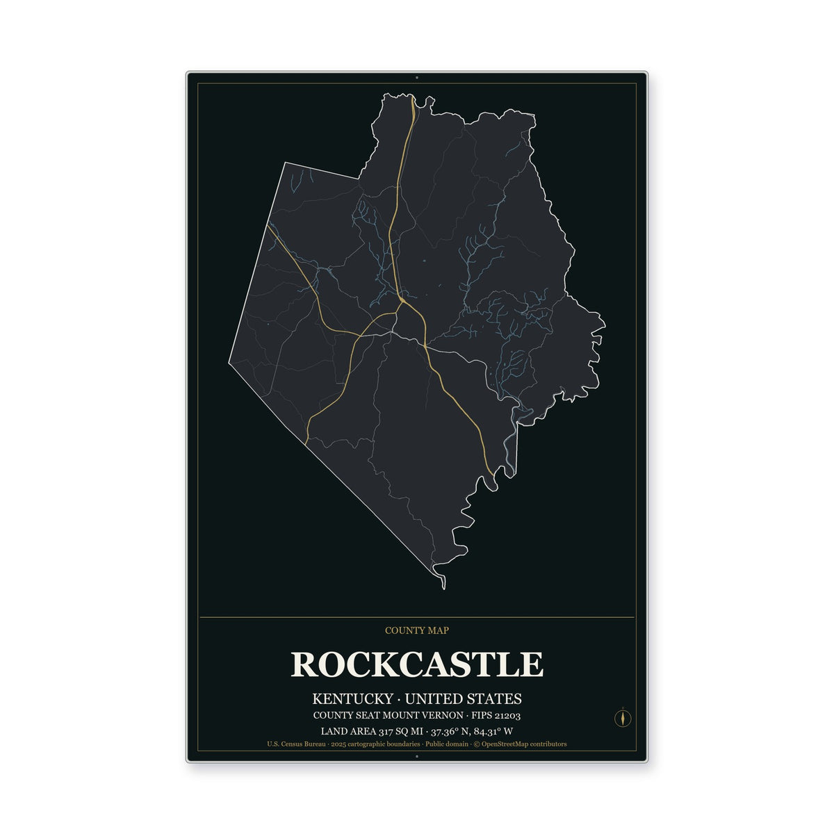 Rockcastle County, Kentucky Map Aluminum Sign in Metropolitan Noir style