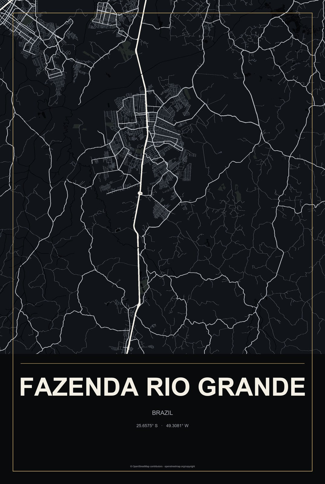 Fazenda Rio Grande, Brazil City Map Aluminum Sign in Metropolitan Noir style