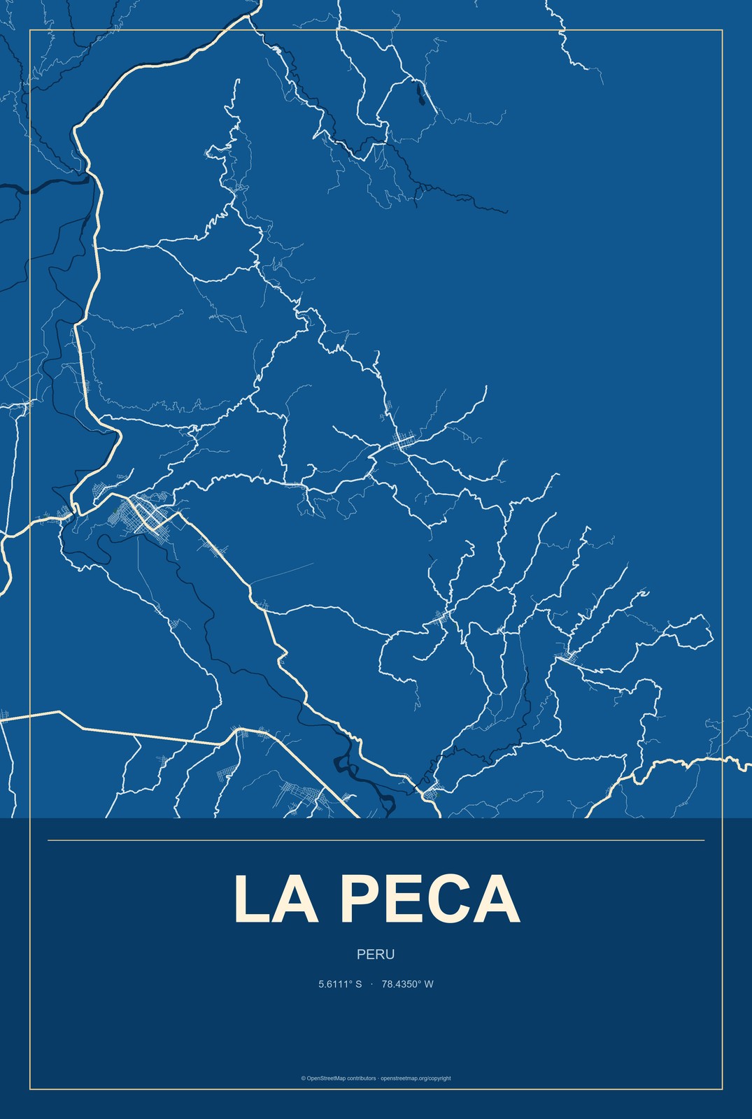 La Peca, Peru City Map Aluminum Sign in Harbor Cobalt style