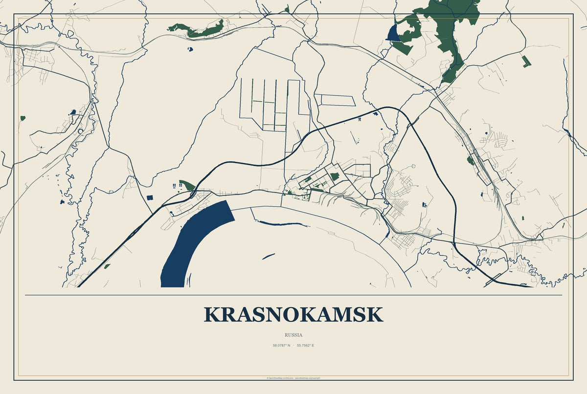 Krasnokamsk, Russia City Map Aluminum Sign in Coastal Cutout style