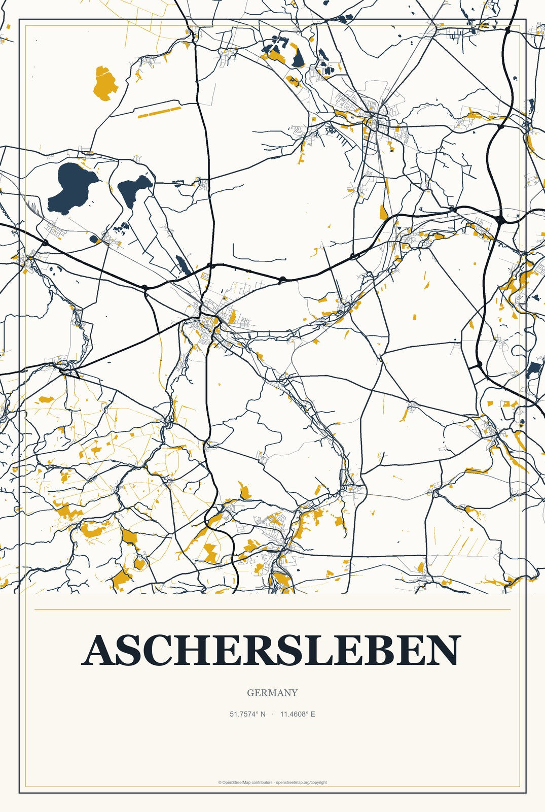 Aschersleben, Germany City Map Aluminum Sign in Citrine Modern style