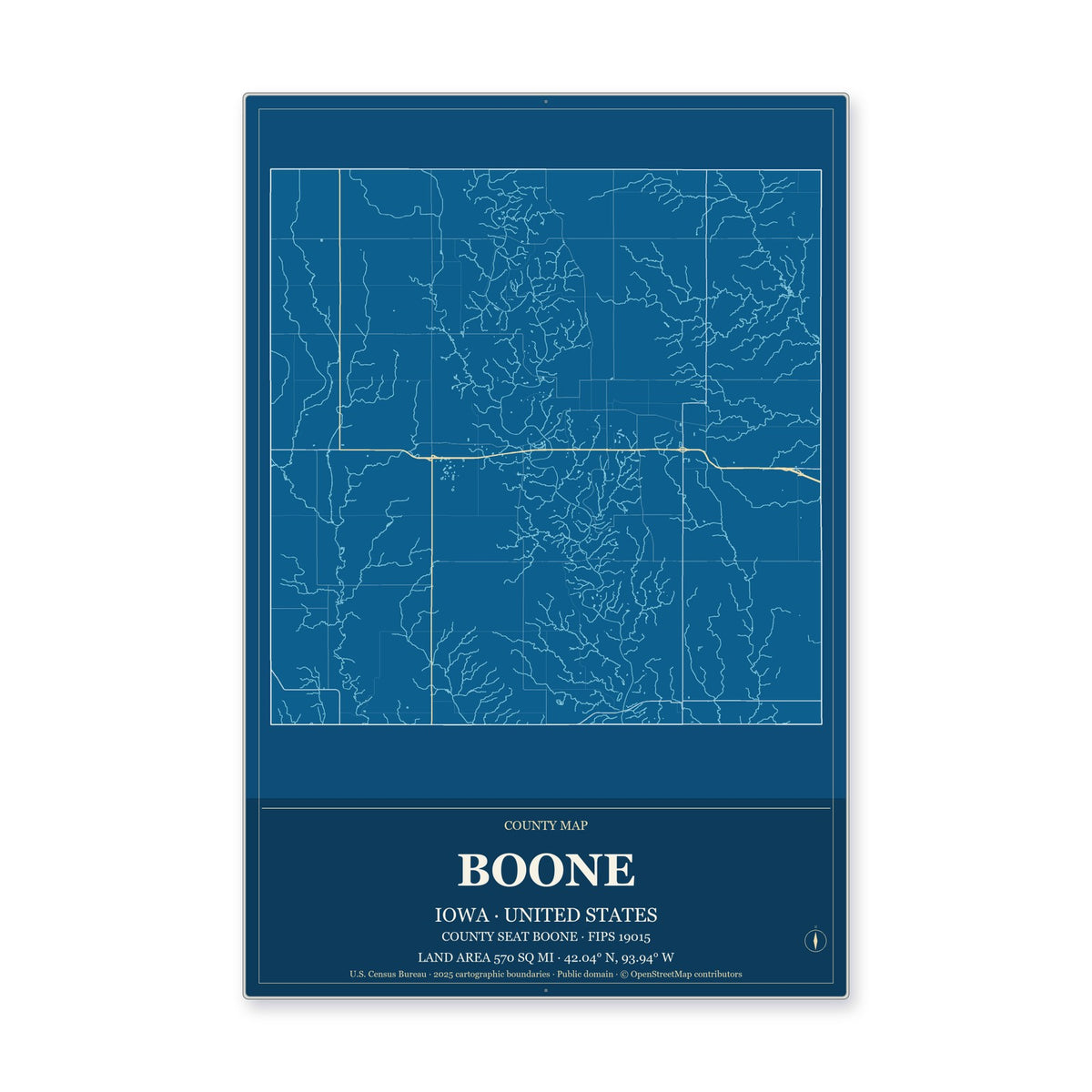 Boone County, Iowa Map Aluminum Sign in Harbor Cobalt style