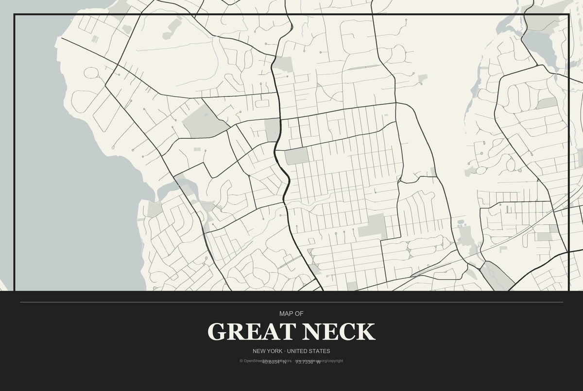 Great Neck, New York City Map Aluminum Sign in Museum Plaque style