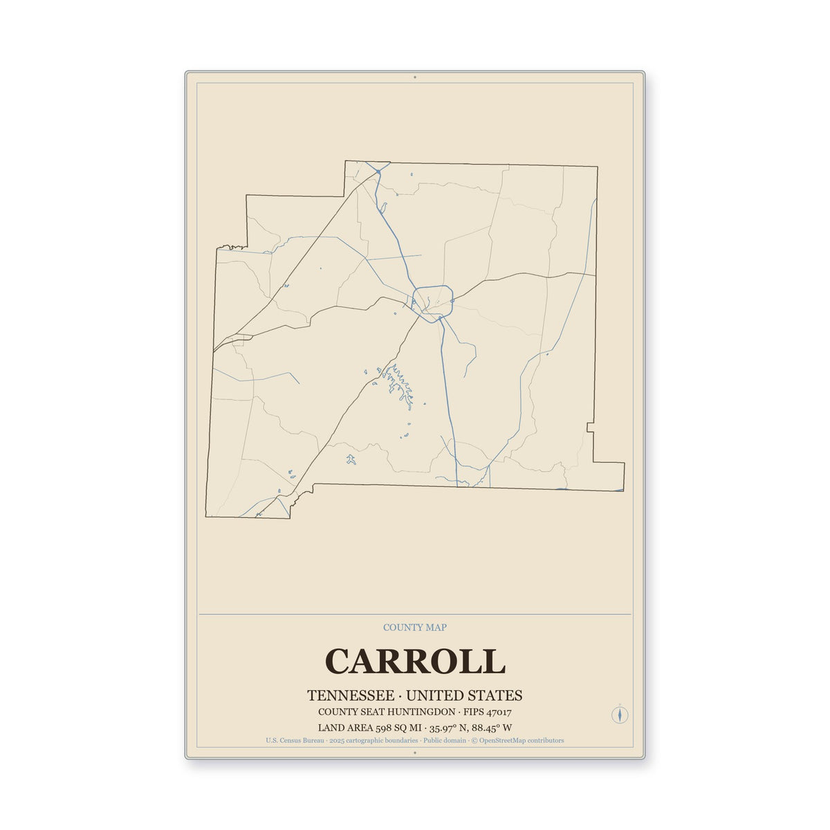 Carroll County, Tennessee Map Aluminum Sign in Heritage Nautical style