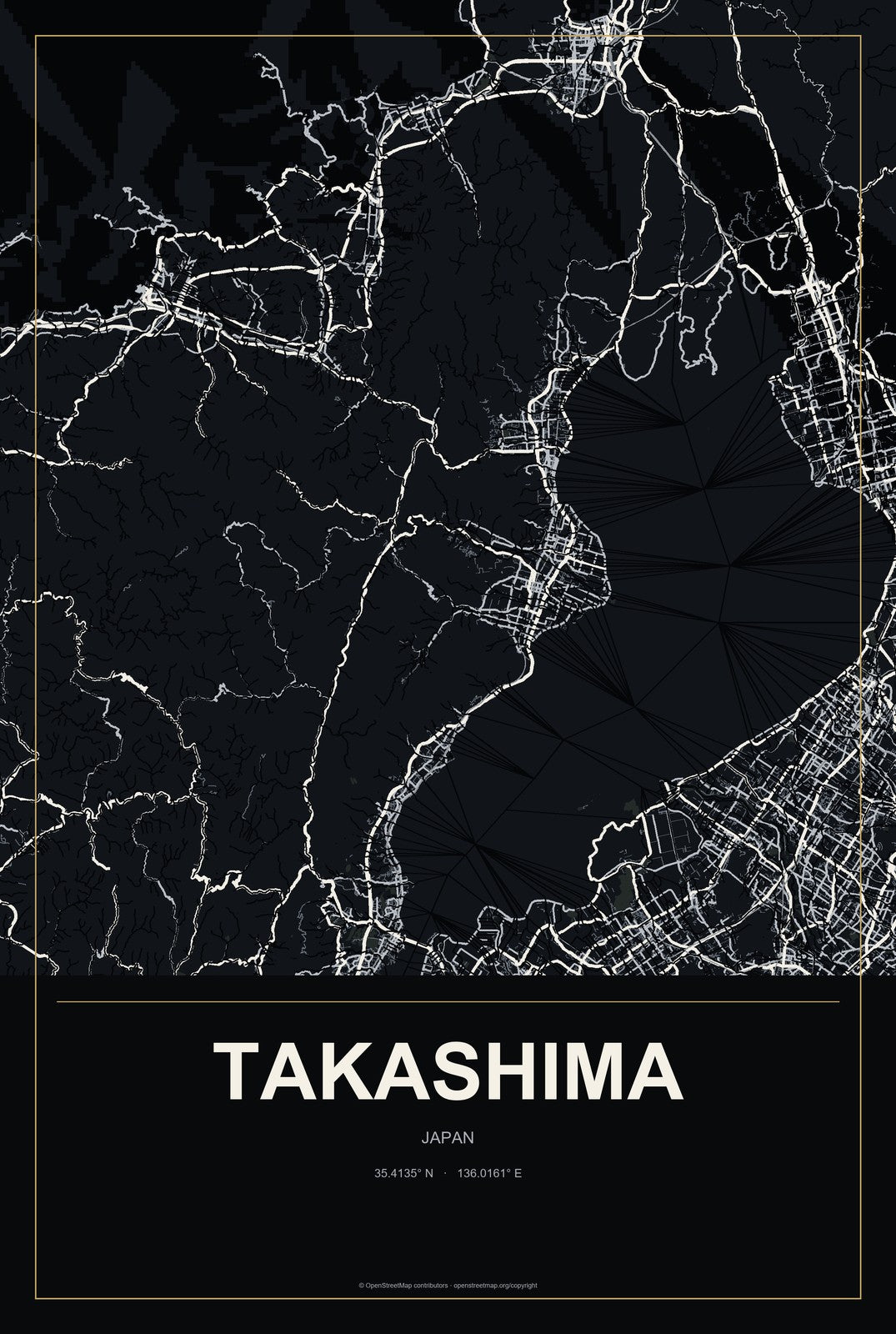 Takashima, Japan City Map Aluminum Sign in Metropolitan Noir style