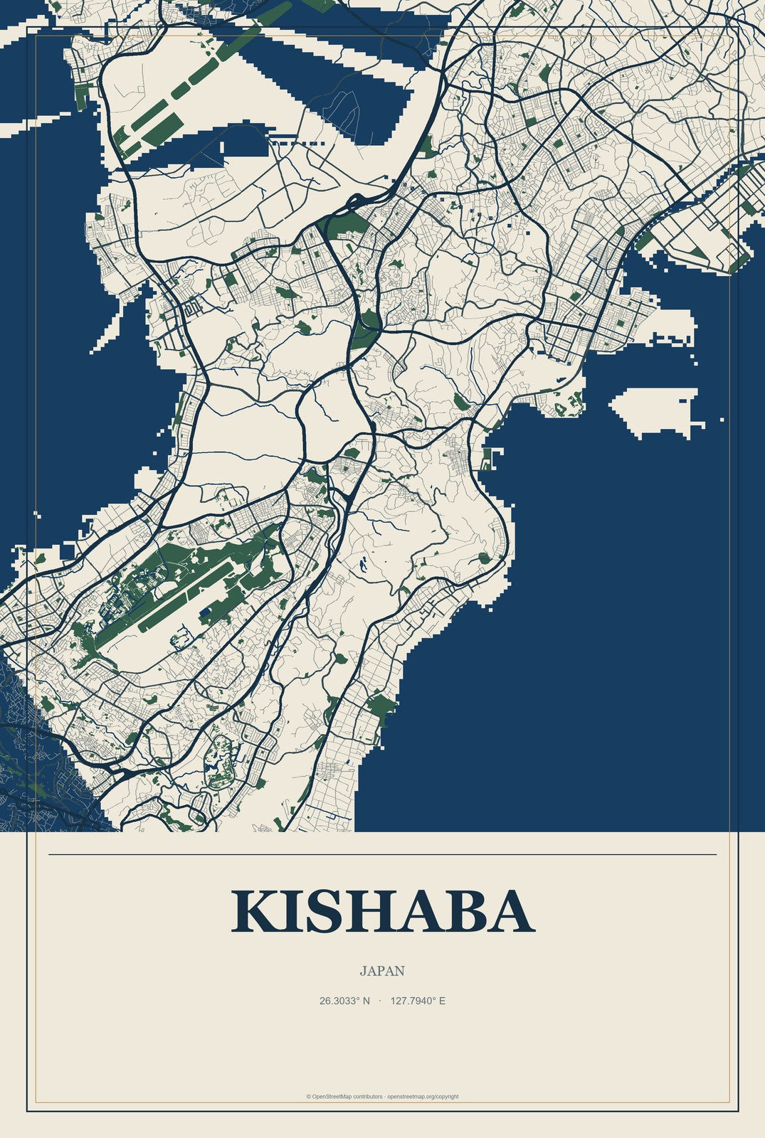 Kishaba, Japan City Map Aluminum Sign in Coastal Cutout style