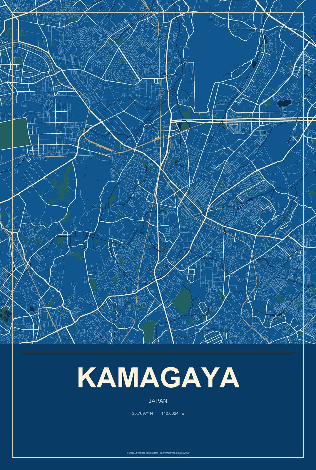 Kamagaya, Japan City Map Aluminum Sign in Harbor Cobalt style