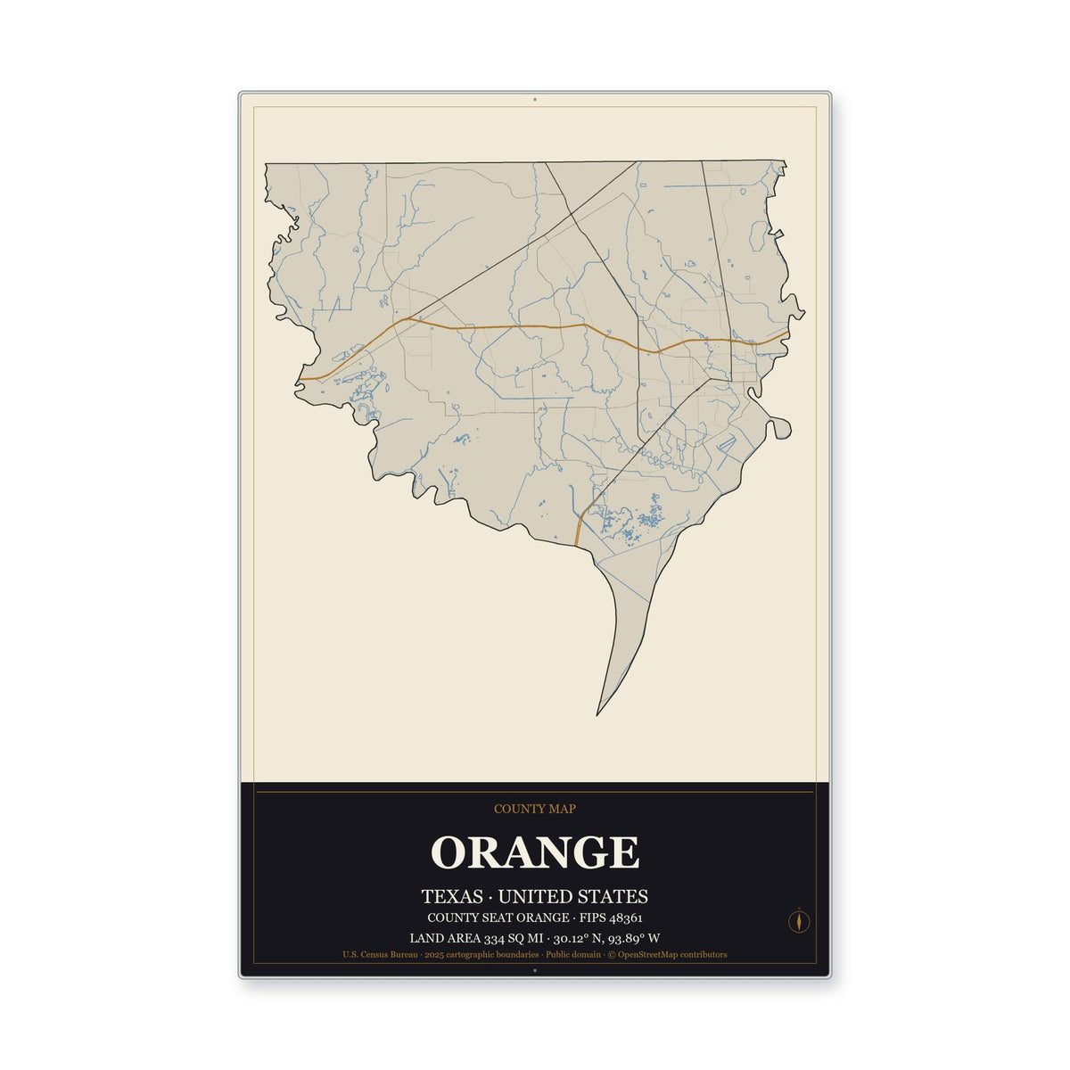 Orange County, Texas Map Aluminum Sign in Museum Plaque style
