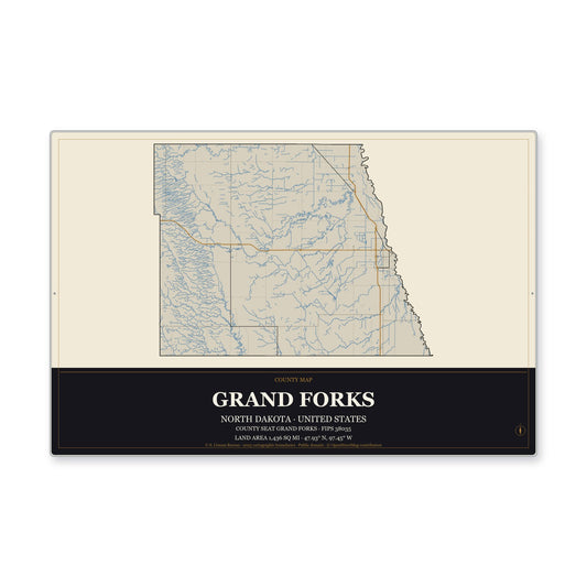 Grand Forks County, North Dakota Map Aluminum Sign in Museum Plaque style