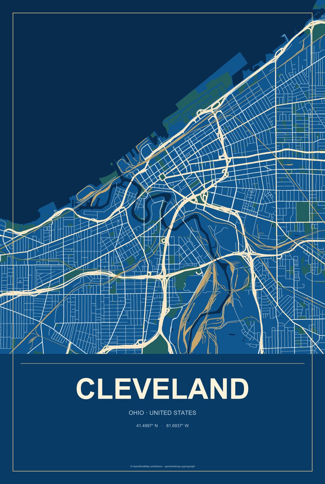 Cleveland, Ohio City Map Aluminum Sign in Harbor Cobalt style