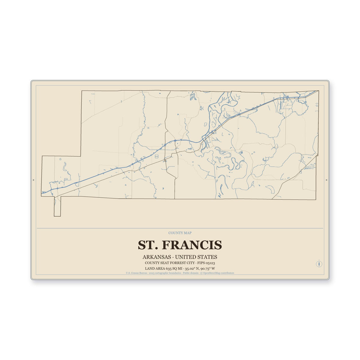 St. Francis County, Arkansas Map Aluminum Sign in Heritage Nautical style
