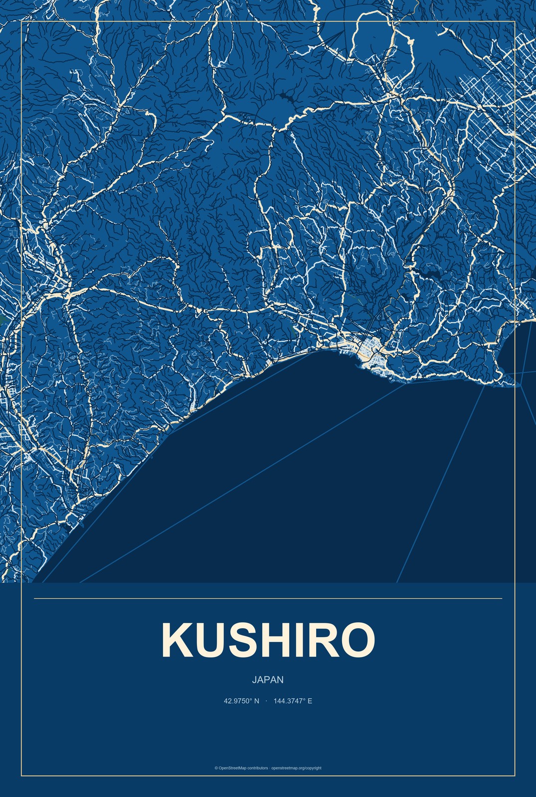 Kushiro, Japan City Map Aluminum Sign in Harbor Cobalt style