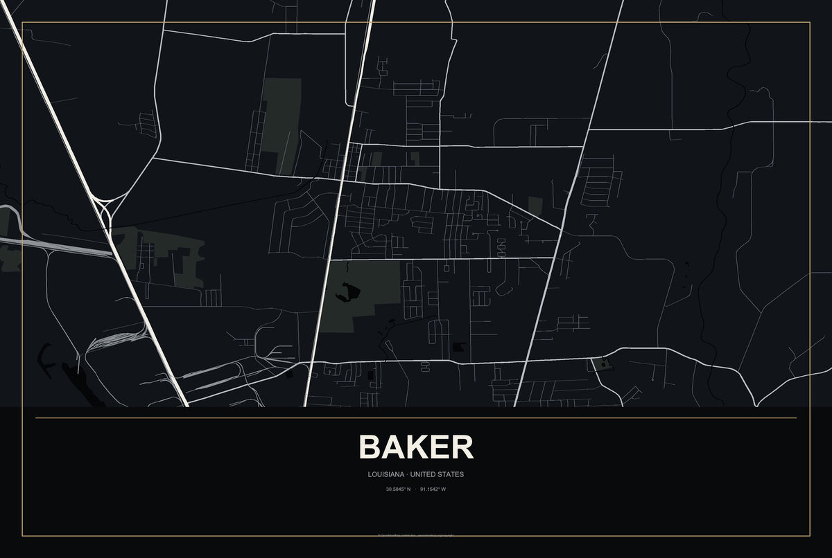 Baker, Louisiana City Map Aluminum Sign in Metropolitan Noir style