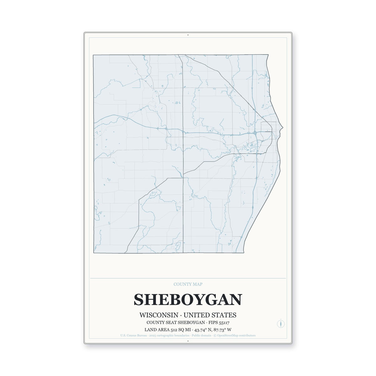 Sheboygan County, Wisconsin Map Aluminum Sign in Gallery Air style