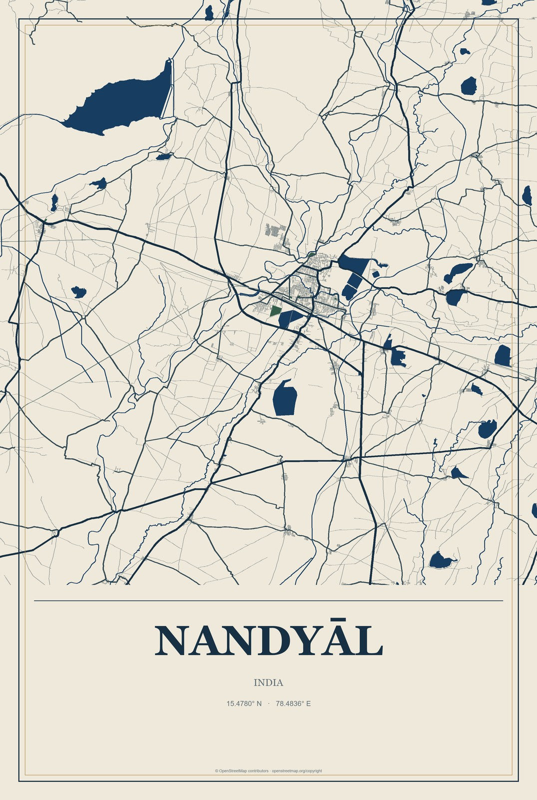 Nandyāl, India City Map Aluminum Sign in Coastal Cutout style