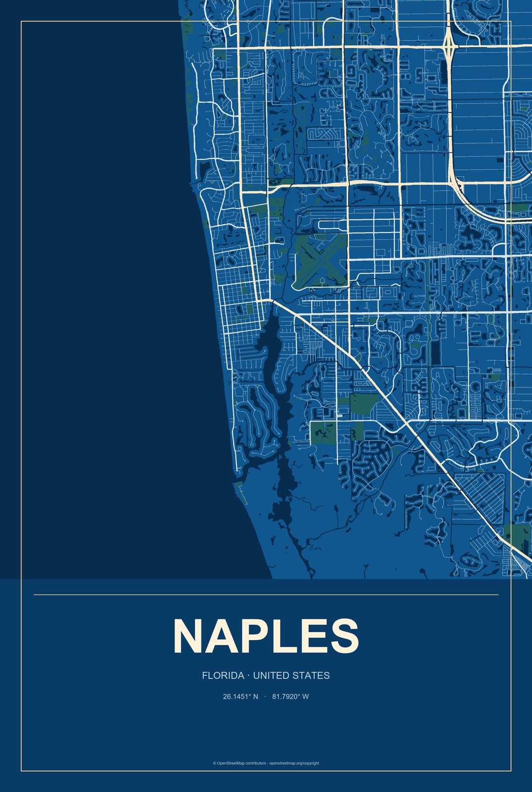 Naples, Florida City Map Aluminum Sign in Harbor Cobalt style