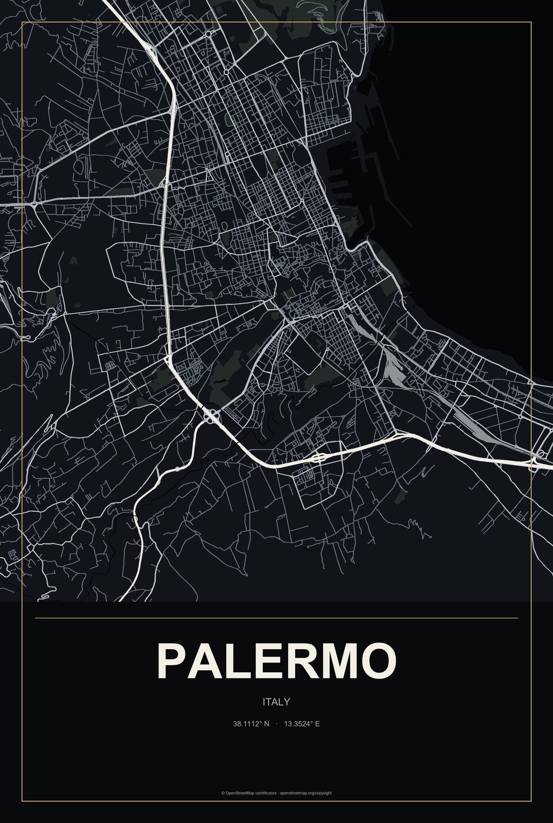 Palermo, Italy City Map Aluminum Sign in Metropolitan Noir style