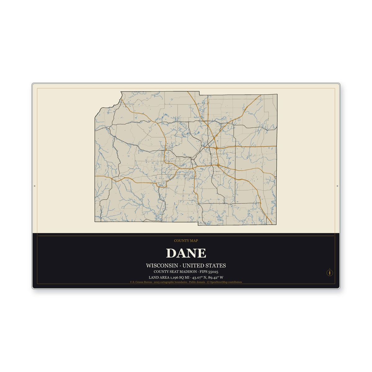 Dane County, Wisconsin Map Aluminum Sign in Museum Plaque style