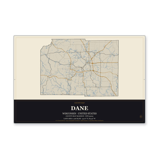 Dane County, Wisconsin Map Aluminum Sign in Museum Plaque style
