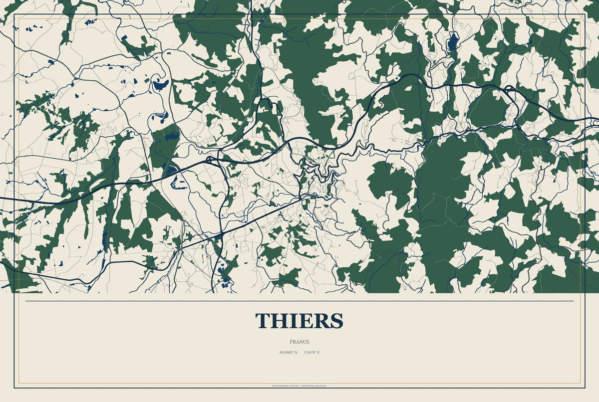 Thiers, France City Map Aluminum Sign in Coastal Cutout style