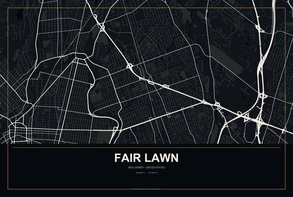 Fair Lawn, New Jersey City Map Aluminum Sign in Metropolitan Noir style
